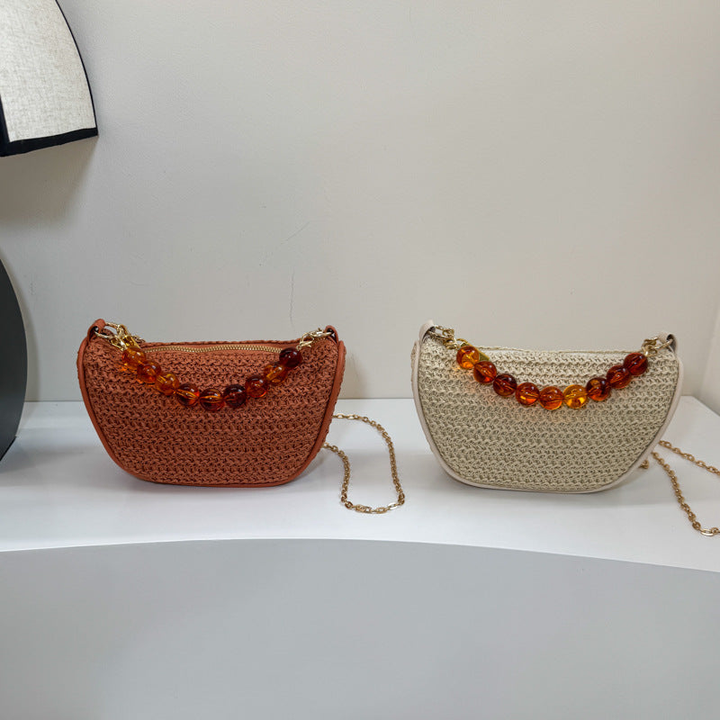 Stylish Woven Handbag with Beaded Handle Acalora