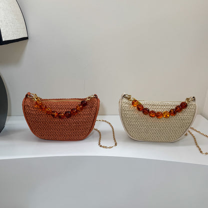 Stylish Woven Handbag with Beaded Handle Acalora
