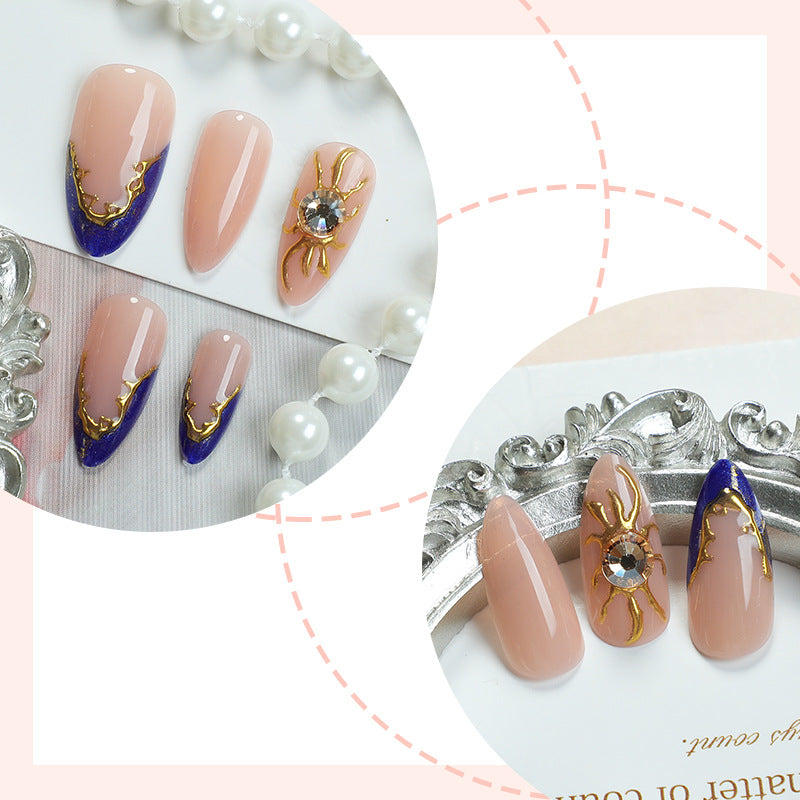 Premium Decorative Press-On Nail Set with Gold and Blue Accent Designs Acalora