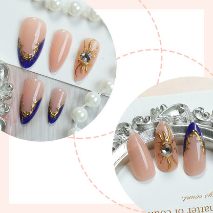 Premium Decorative Press-On Nail Set with Gold and Blue Accent Designs Acalora
