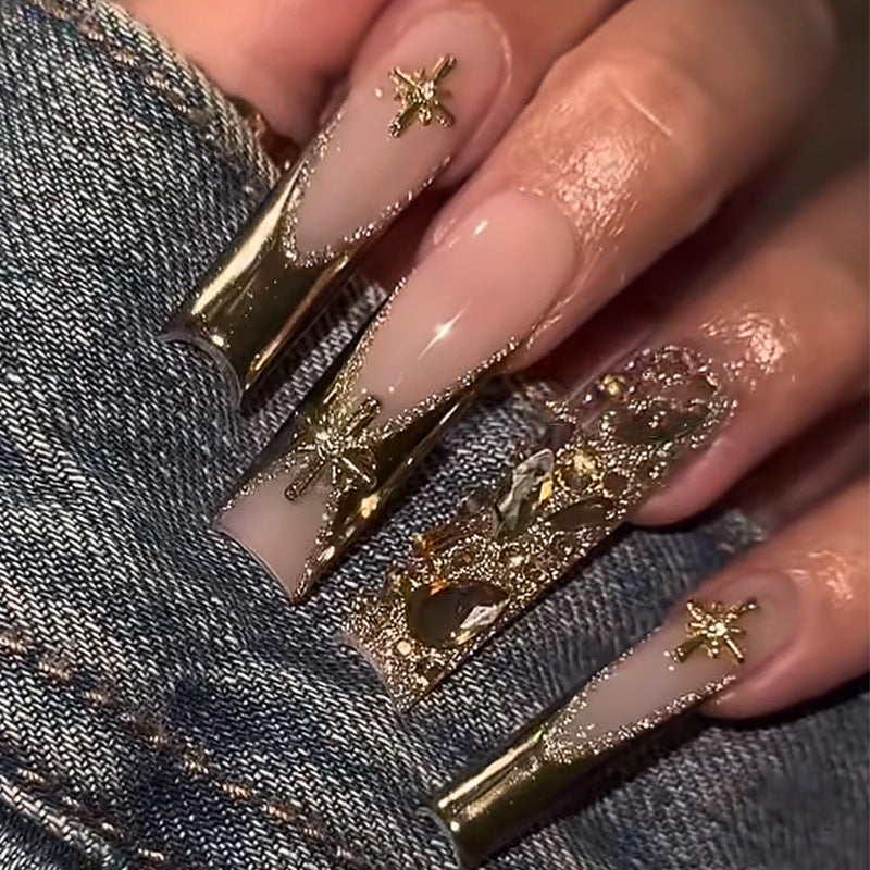 Premium Decorative Press-On Nail Set with Elegant Gold Accents Acalora
