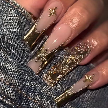 Premium Decorative Press-On Nail Set with Elegant Gold Accents Acalora