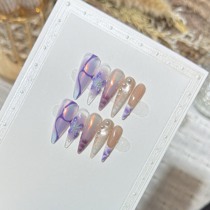 Artistic Stiletto Press-On Nail Design Set with Floral Elements Acalora