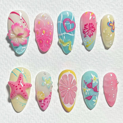Acrylic Nail Set with Colorful Flower and Beach Design Acalora