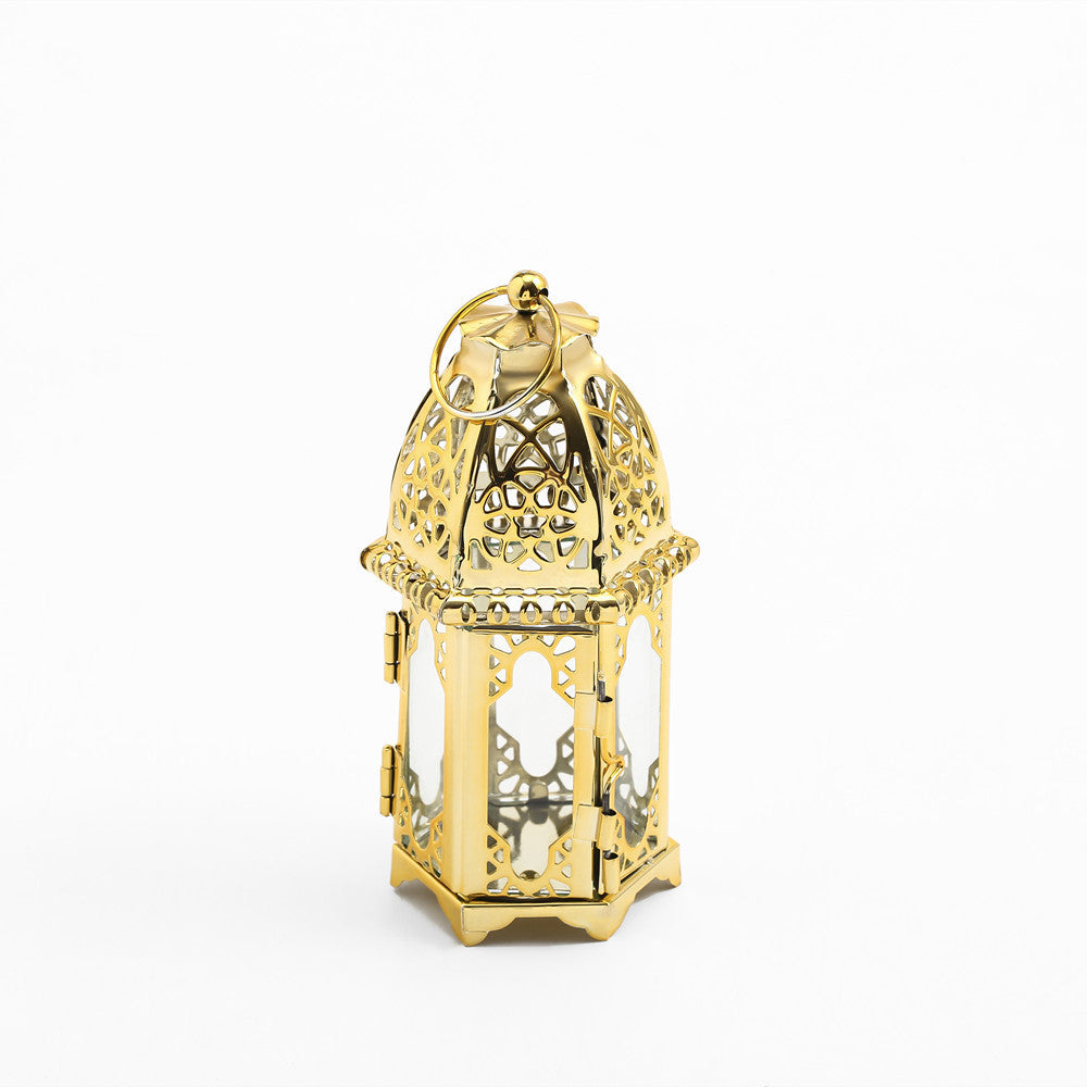 Intricate Cutwork Metal Tealight Lantern with Hinged Glass Panels Acalora