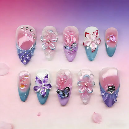 Artificial nail set with floral and butterfly decorations Acalora