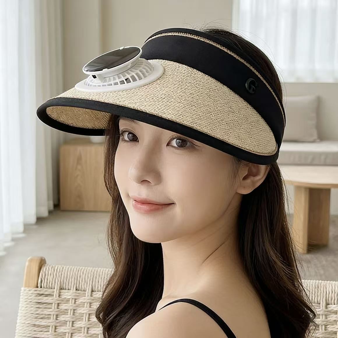 Foldable straw hat visor with integrated solar fan, adjustable neck strap, and breathable sweatband Bowlift