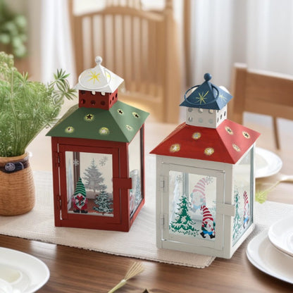 Decorative Holiday Gnome Lantern with Star-Cut Roof and Glass Panel Candle Holder Acalora