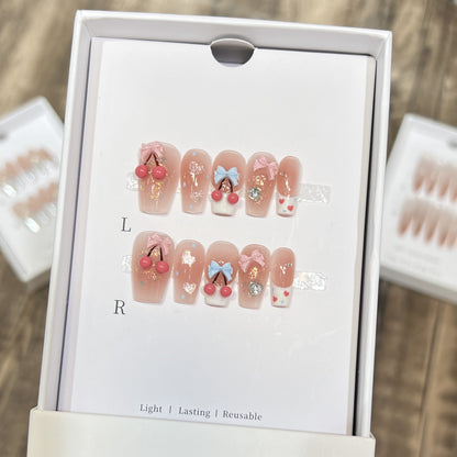 Playful Cherry-Themed Press-On Nail Art Set Acalora