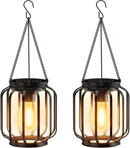 Solar Hanging Outdoor Lanterns with Vintage LED Bulb and Metal Housing, Waterproof Suspension Brehn