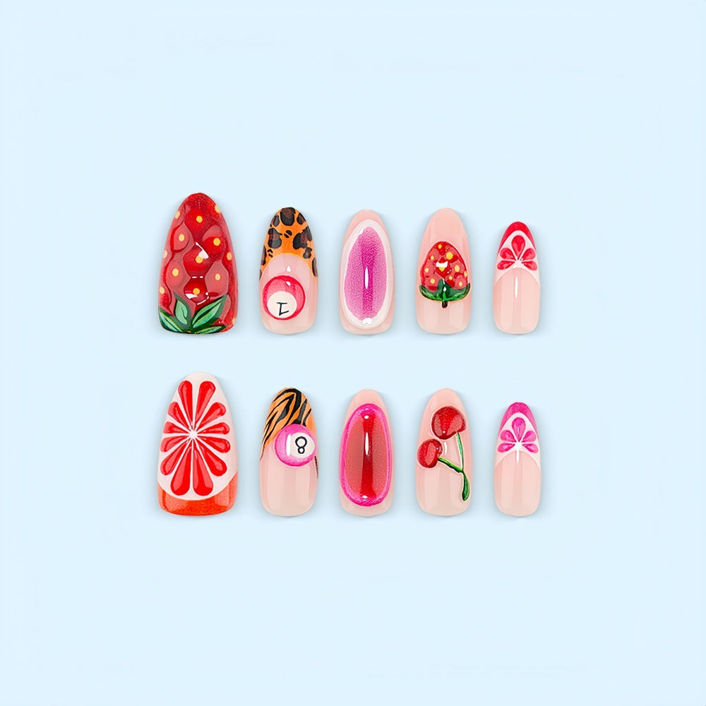 Artificial nails with fruity motifs andGloss finish Acalora