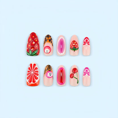 Artificial nails with fruity motifs andGloss finish Acalora