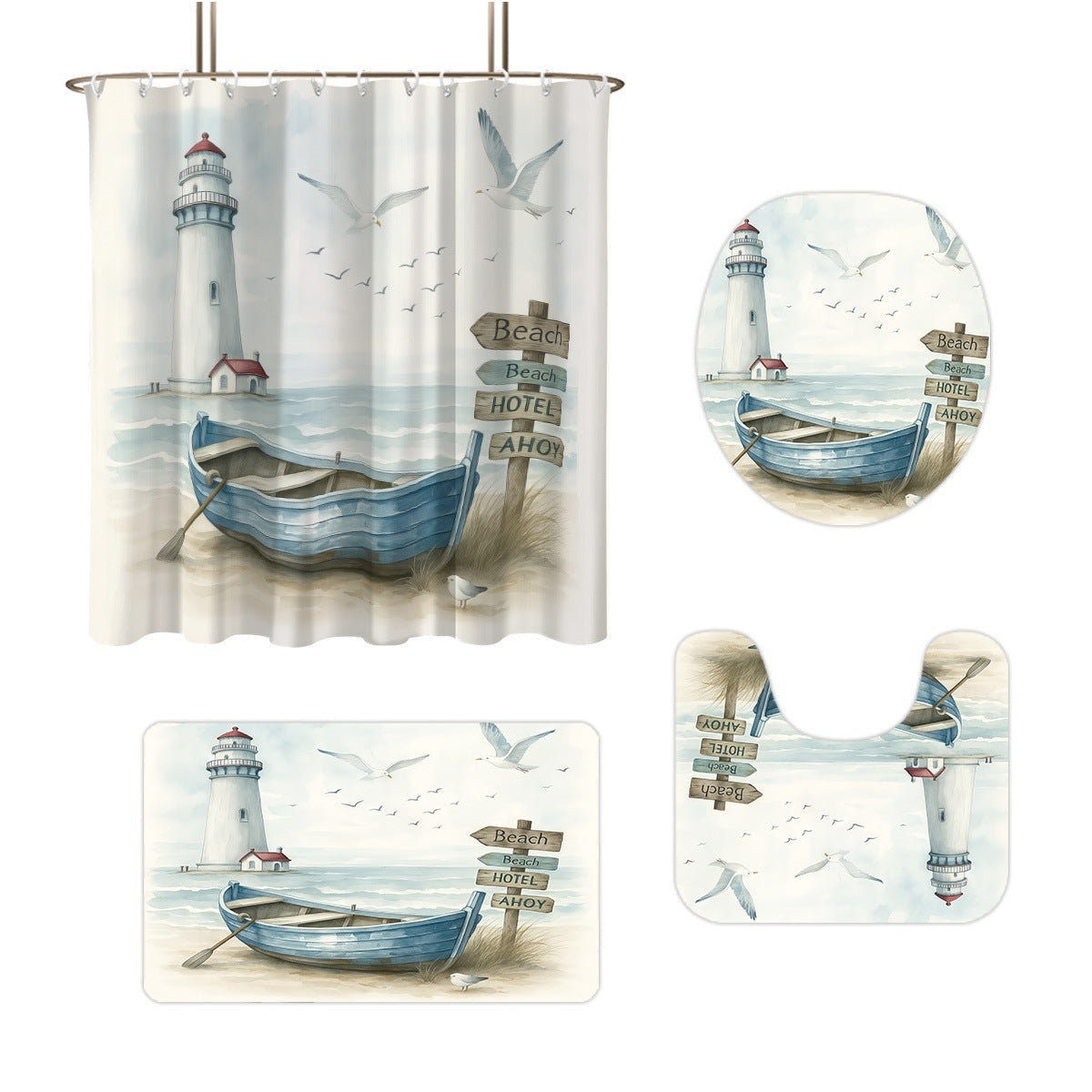 Coastal Lighthouse-Themed Four-Piece Bathroom Set
