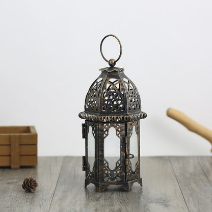 Decorative Moroccan Filigree Metal Lantern with Glass Panels and Hanging Ring Acalora