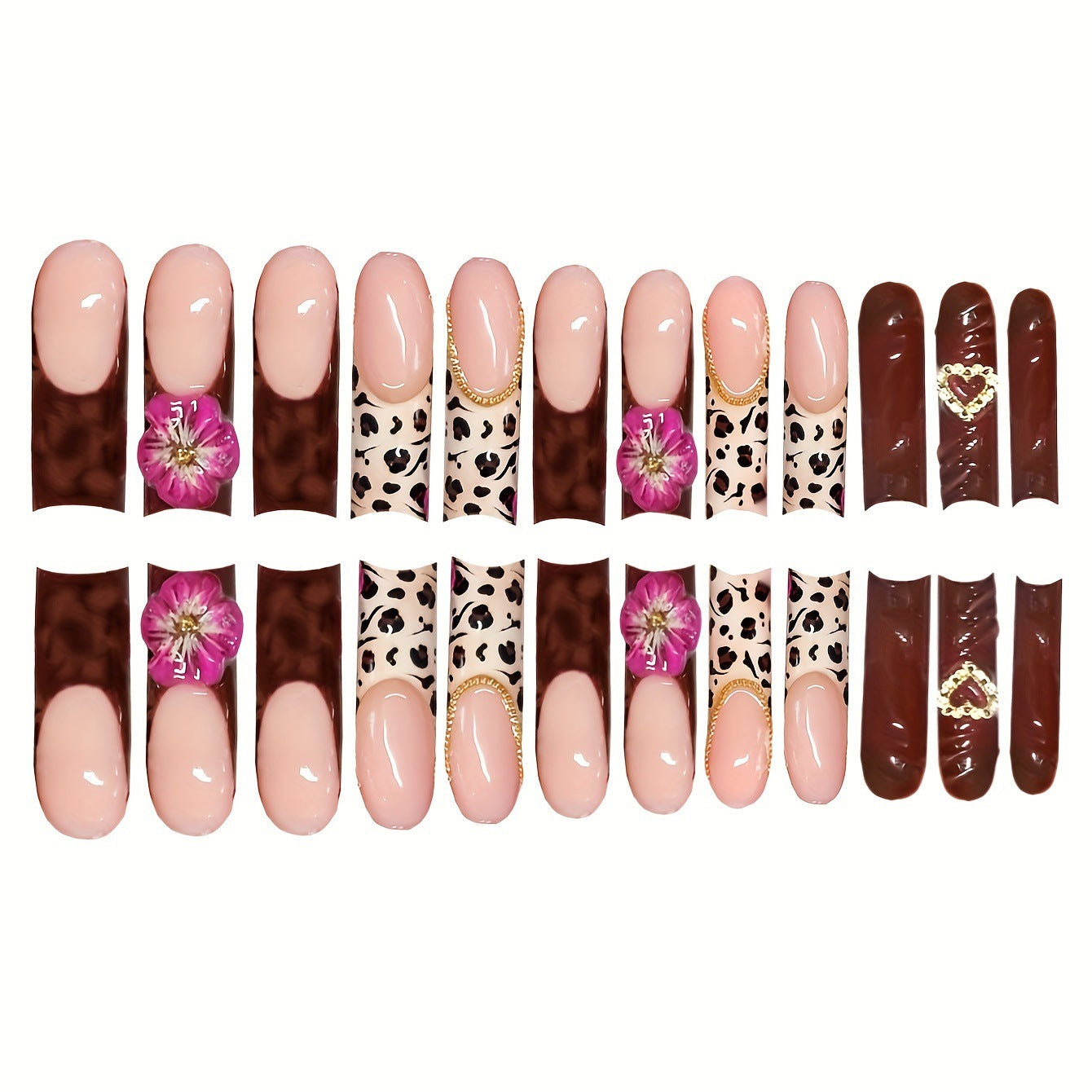 Decorative Long Acrylic Press-On Nail Art with Floral and Leopard Designs Acalora