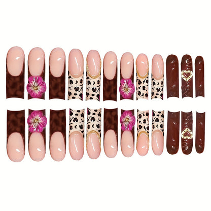 Decorative Long Acrylic Press-On Nail Art with Floral and Leopard Designs Acalora