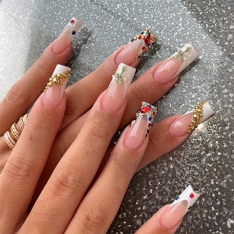 Decorative Press-On Nails Set with Artistic Gemstone Accents Acalora