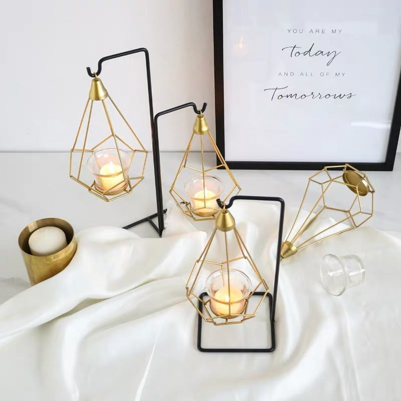 Decorative Geometric Hanging Tealight Candle Holder Set with Metal Stands and Glass Votives Acalora