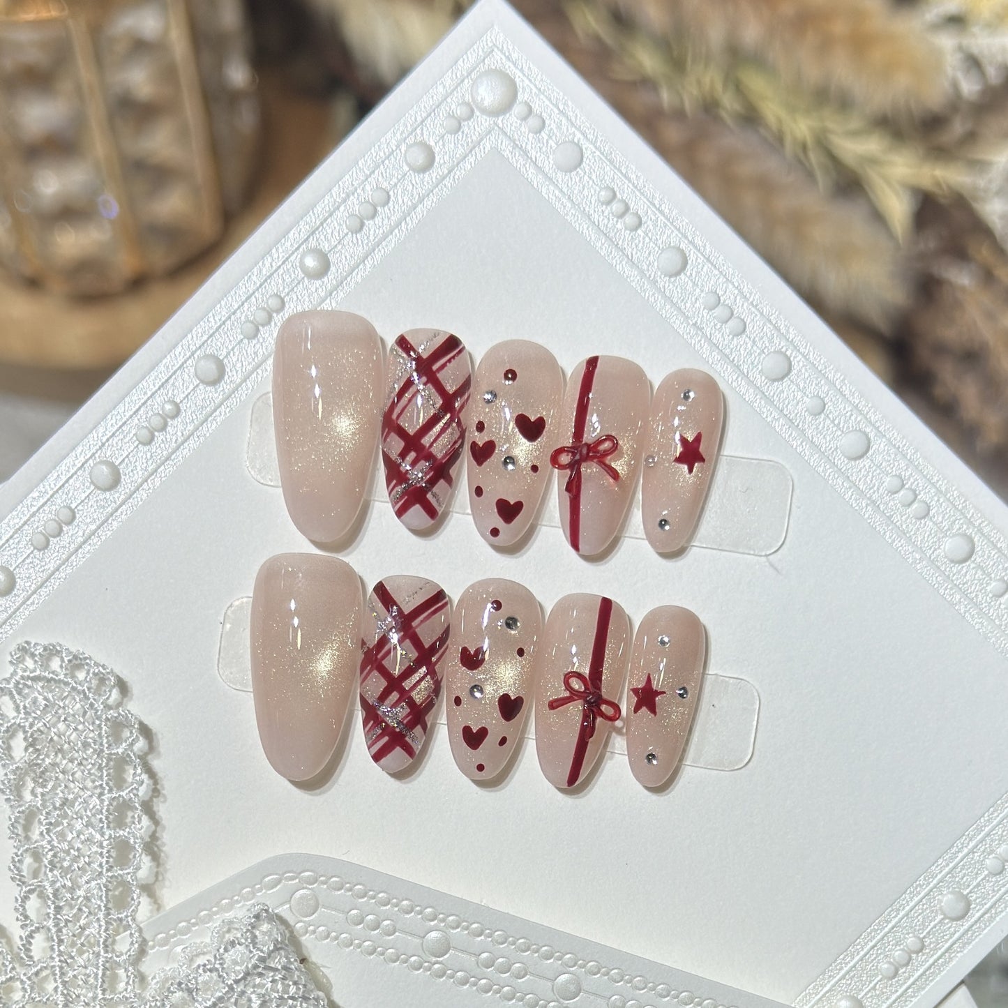 Romantic Themed Press-On Nail Set with Heart and Bow Accents Acalora