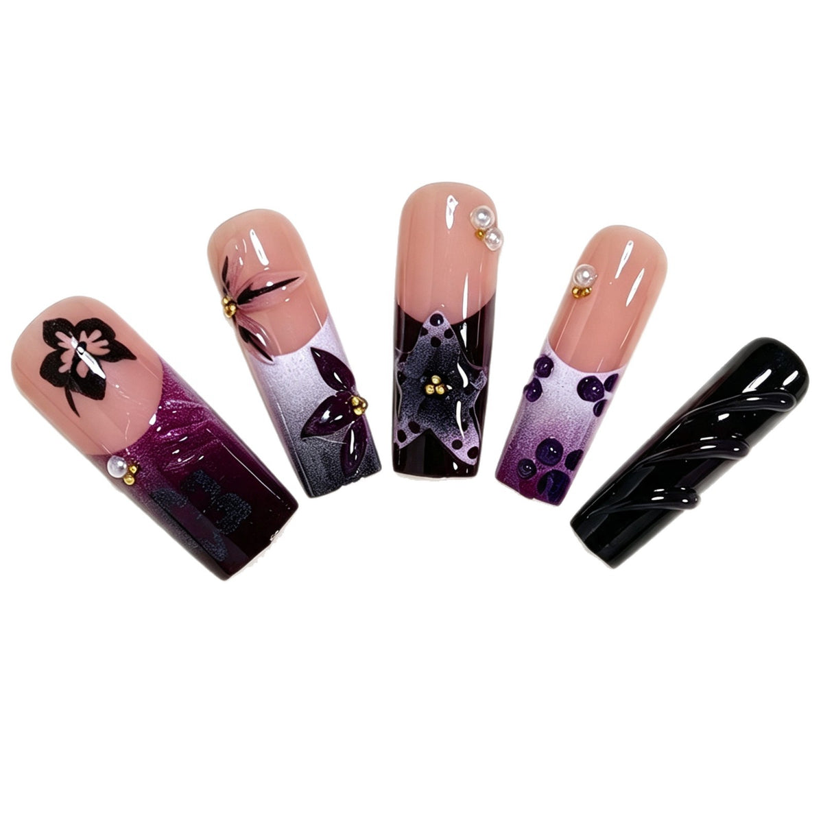 Artistic Long Nail Design with Floral Accents Acalora