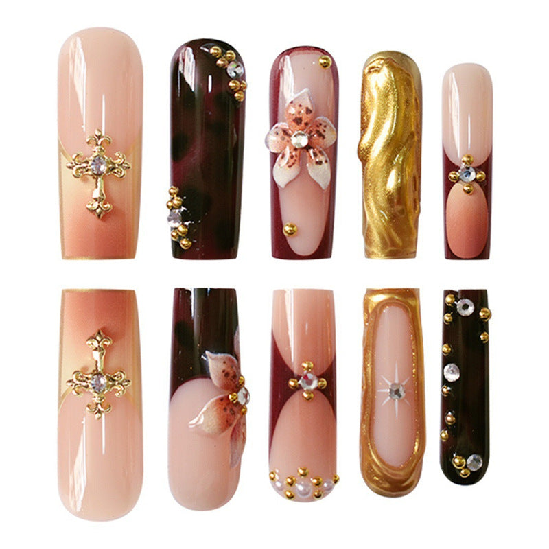 3D Floral and Gemstone Press-On Nail Set Acalora