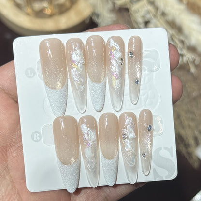 Elegant Press-On Nail Set with Floral and Gemstone Accents Acalora