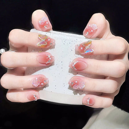 Artificial nail set with filigree 3D flowers and radiant glitter accents Acalora