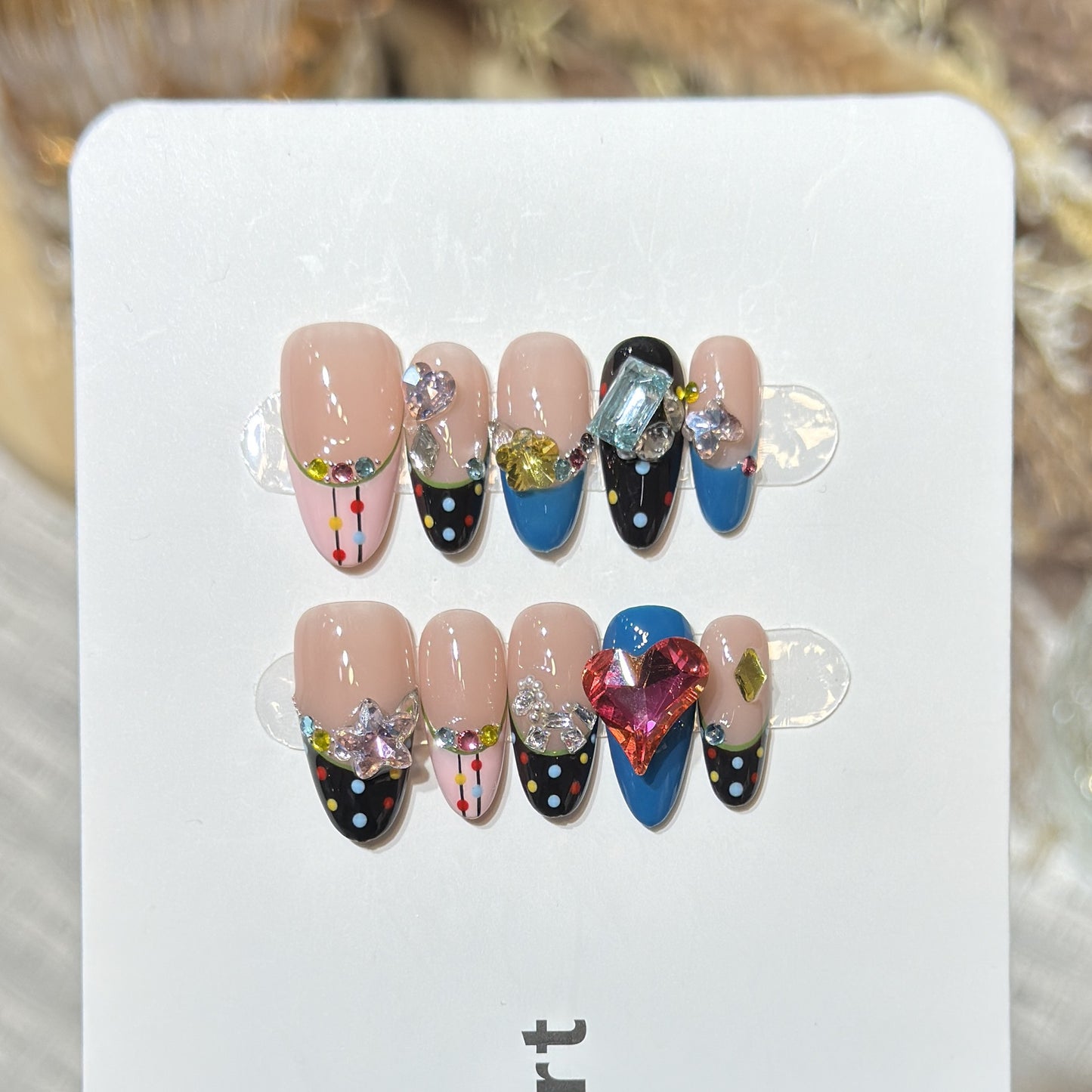 Artistic Press-On Nail Set with Colorful Jewel Accents Acalora