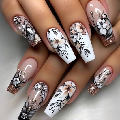 Art Nail Set with Artistic Floral Decorations Acalora