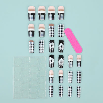 Creative artificial nails with stylish checkered patterns and floral design Acalora