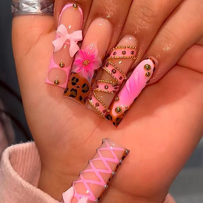Decorative Stiletto Press-On Nails with 3D Floral and Bow Accents Acalora