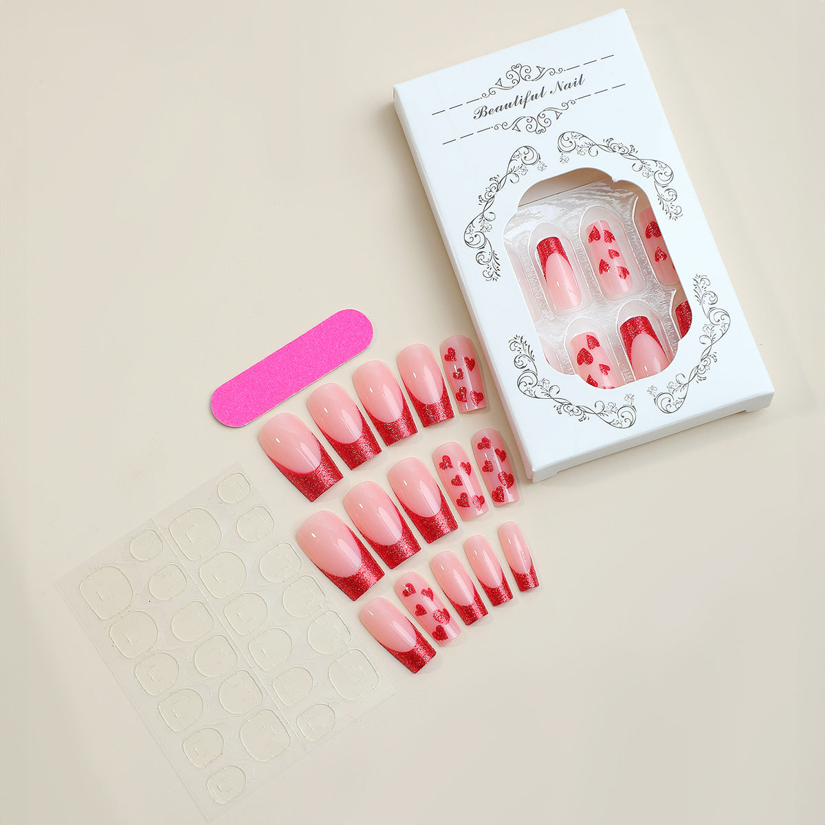 Premium Decorative Press-On Nail Set with Heart and Glitter Designs Acalora