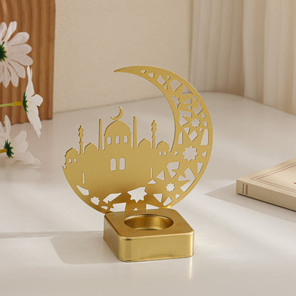 Crescent Silhouette Mosque Tea Light Lantern with Filigree Metal Base Acalora
