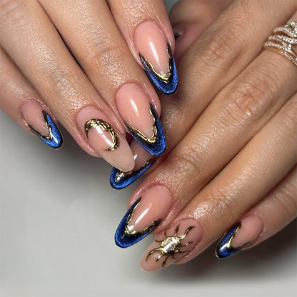 Premium Decorative Press-On Nail Set with Gold and Blue Accent Designs Acalora