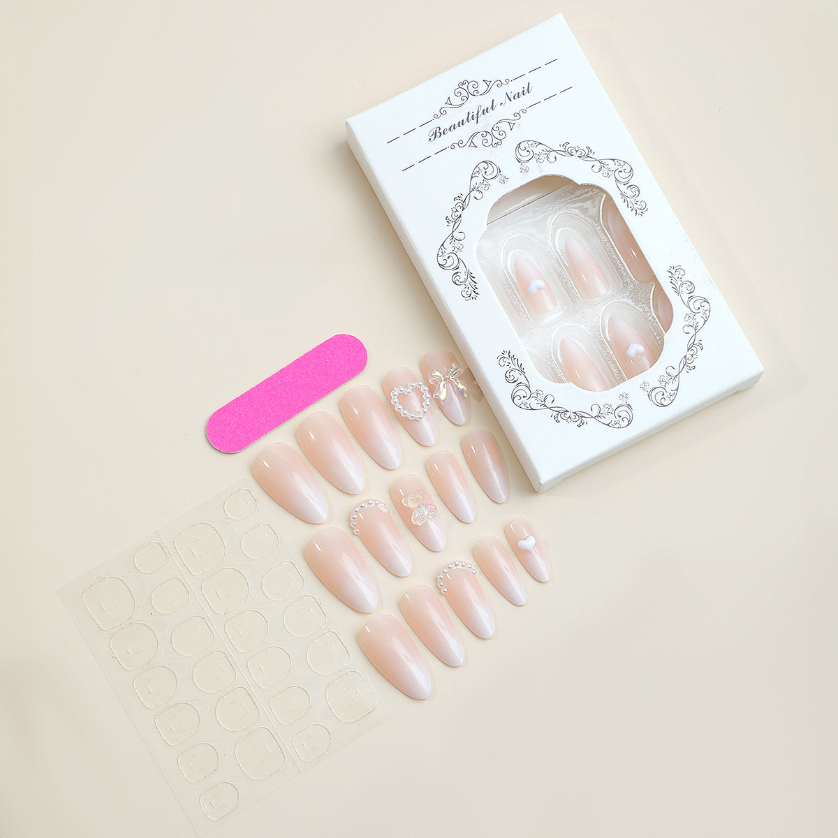 Elegant Press-On Nail Set with Decorative Floral Accents Acalora