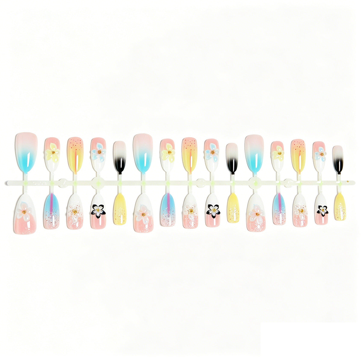 Artificial nail set with floral and glittering decorations Acalora