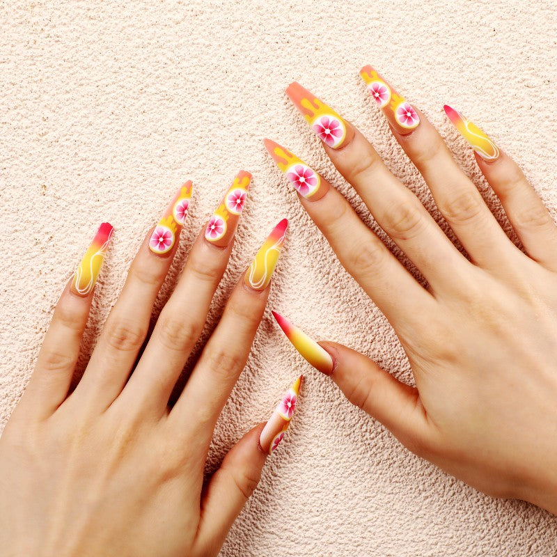 Artificial Nails Set with Tropical Hibiscus Pattern Acalora