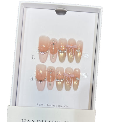 Decorative Stiletto Press-On Nail Art Set with Elegant Ribbons and Gems Acalora