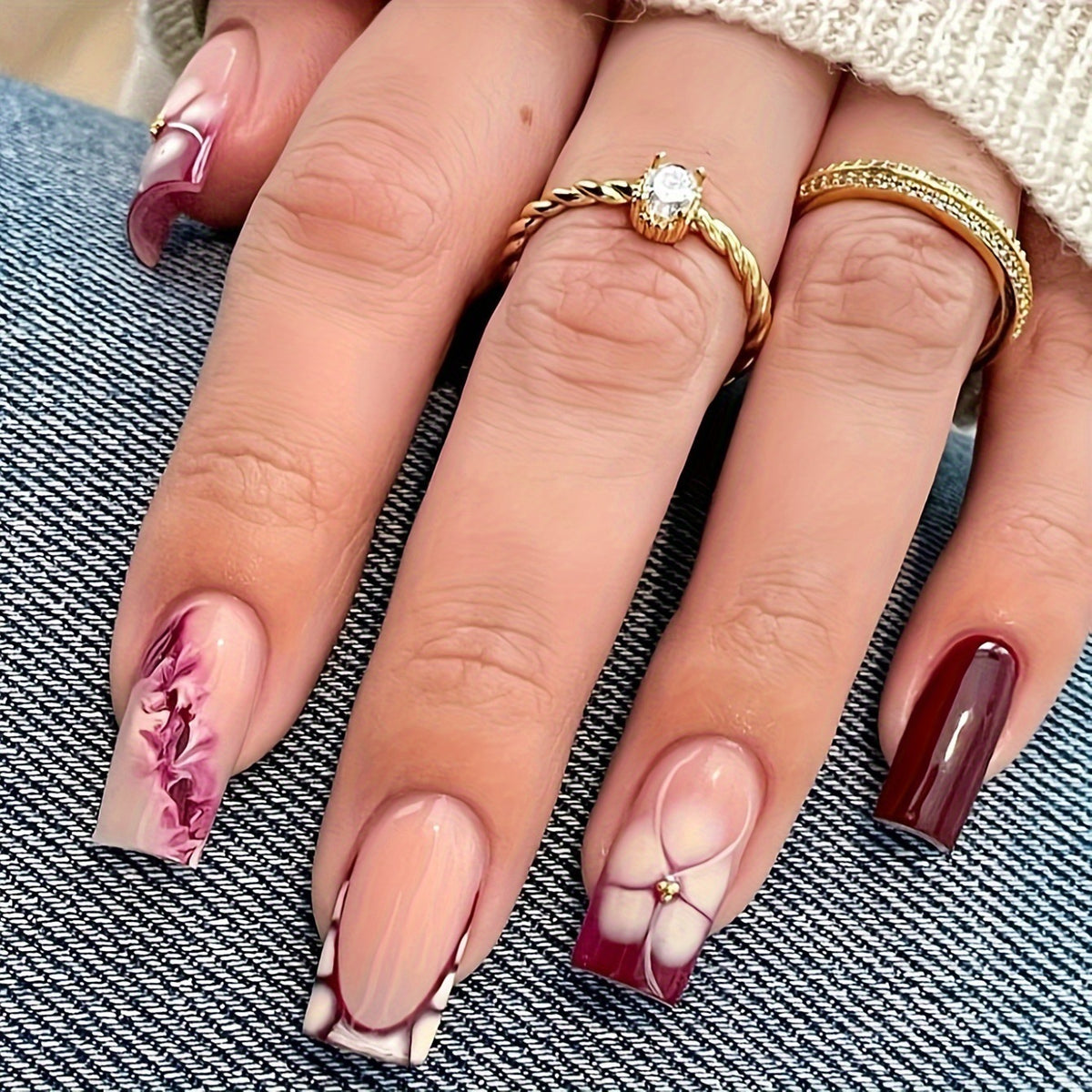 Artistic Gel Nail Extensions with Floral Design Acalora