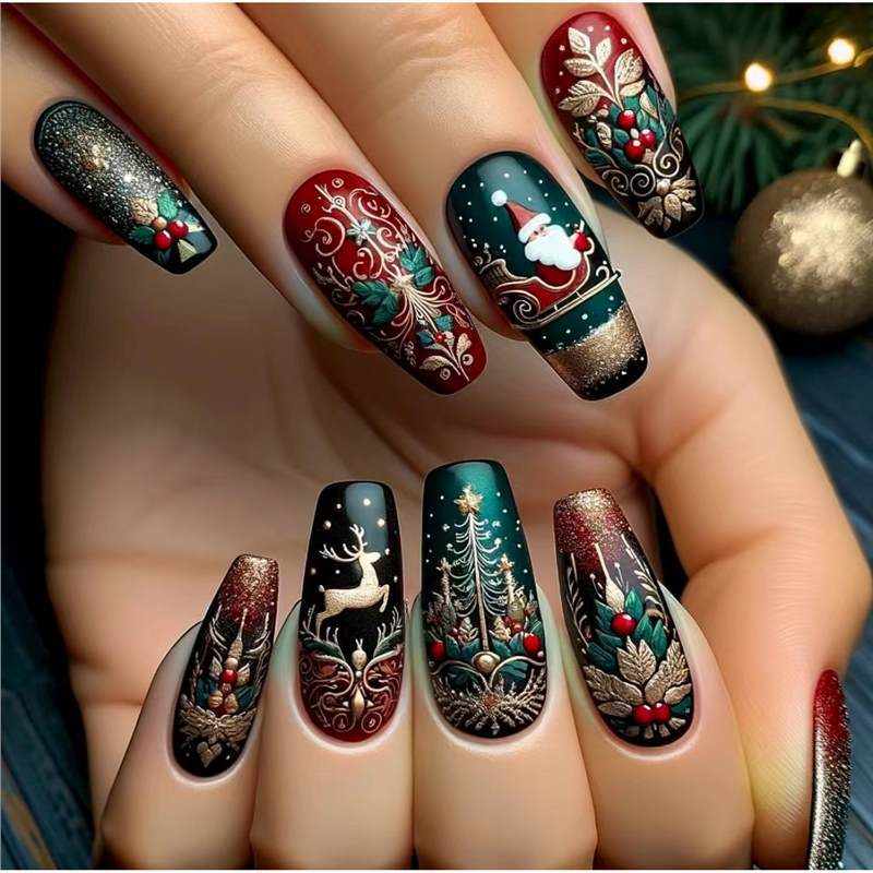 Festive Holiday-Themed Press-On Nail Art Set Acalora