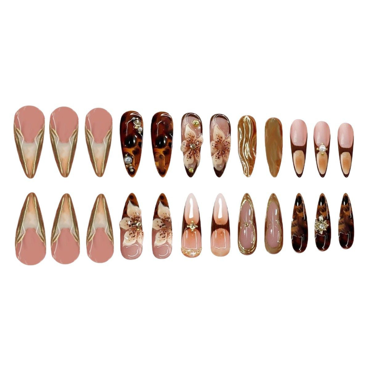 Artistic Stiletto Press-On Nail Art with Floral and Gemstone Accents Acalora