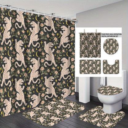 Artistic High-Definition Leopard and Rose-Themed Bathroom Décor Set