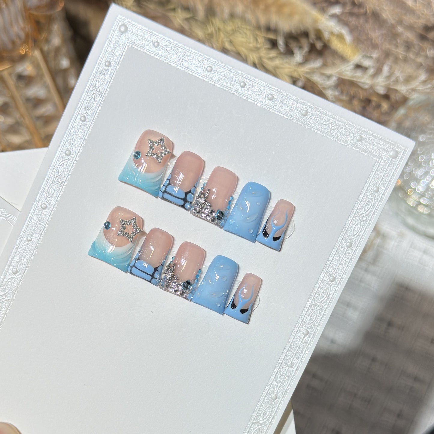 Decorative Press-On Nail Art Set with Ocean-Inspired Design Acalora