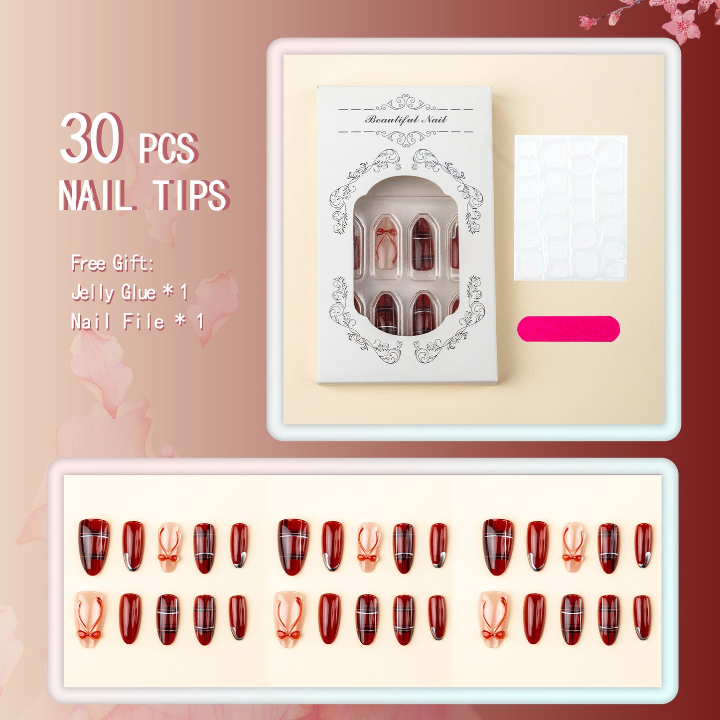 Art nail set with festive design and bow accents Acalora