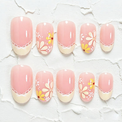 Elegant Floral French Tip Press-On Nails Acalora