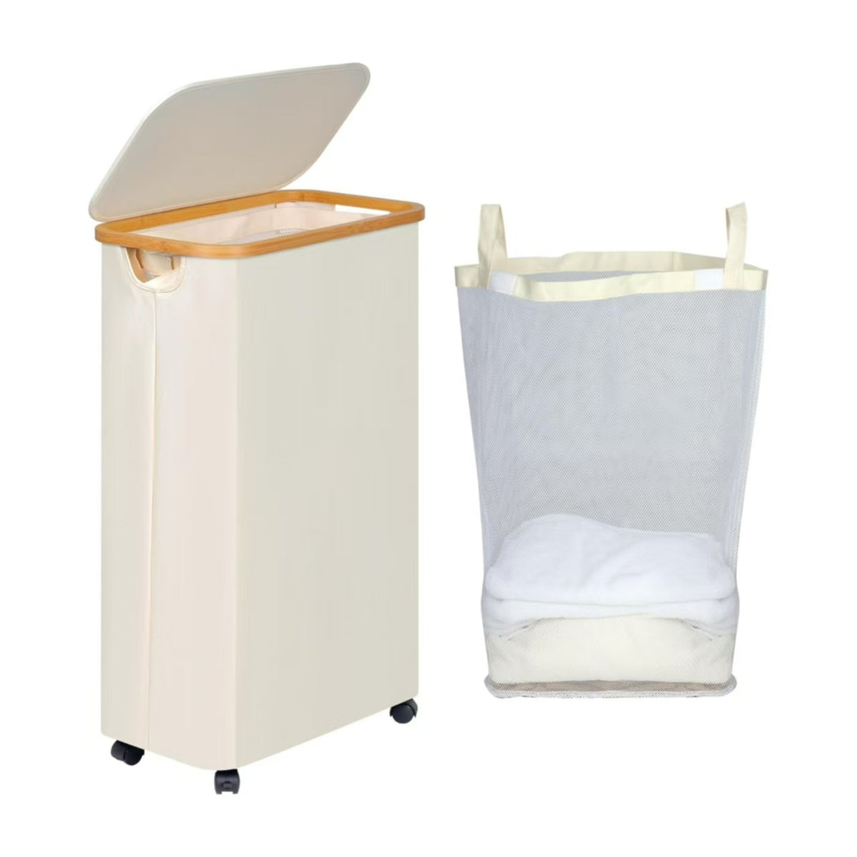 High-quality laundry container with bamboo lid and practical carrying handle Acalora
