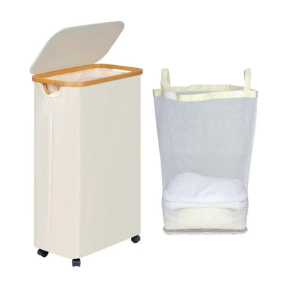 High-quality laundry container with bamboo lid and practical carrying handle Acalora