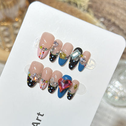 Artistic Press-On Nail Set with Colorful Jewel Accents Acalora