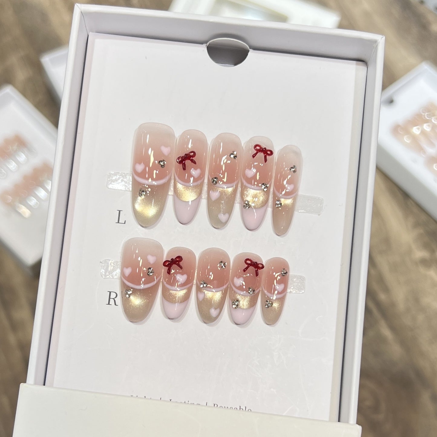 Decorative Press-On Nail Set with Heart and Bow Accents Acalora