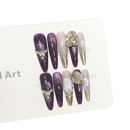Elegant Stiletto Press-On Nail Set with Decorative Jewel Accents Acalora